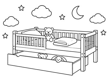 Colouring page: children’s bed to colour in