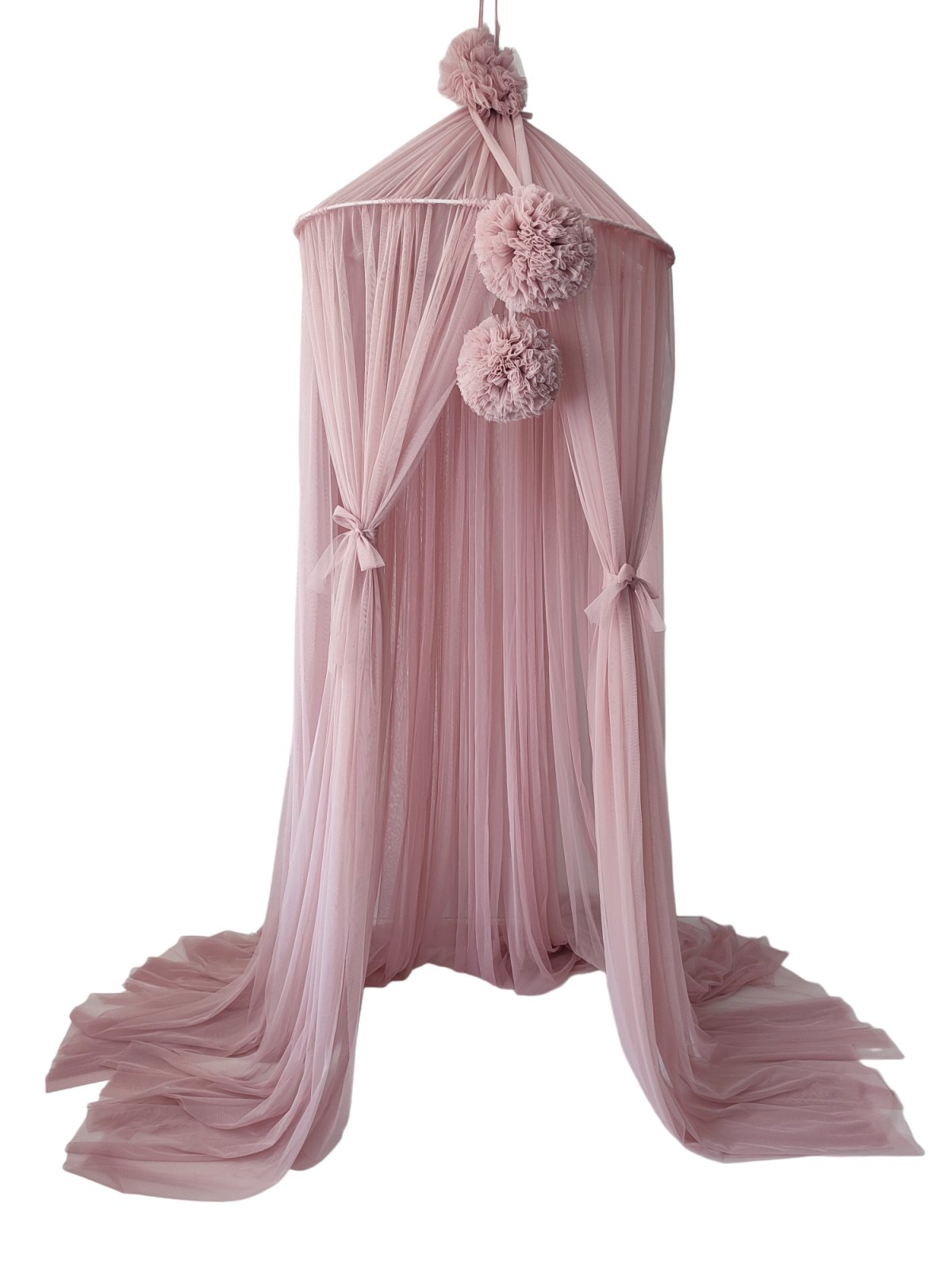 Tulle Canopy with Pompoms – Ceiling Mounted – Dusty Pink