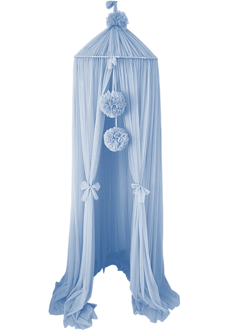 Tulle Canopy with Pompoms – Ceiling Mounted – Baby Blue