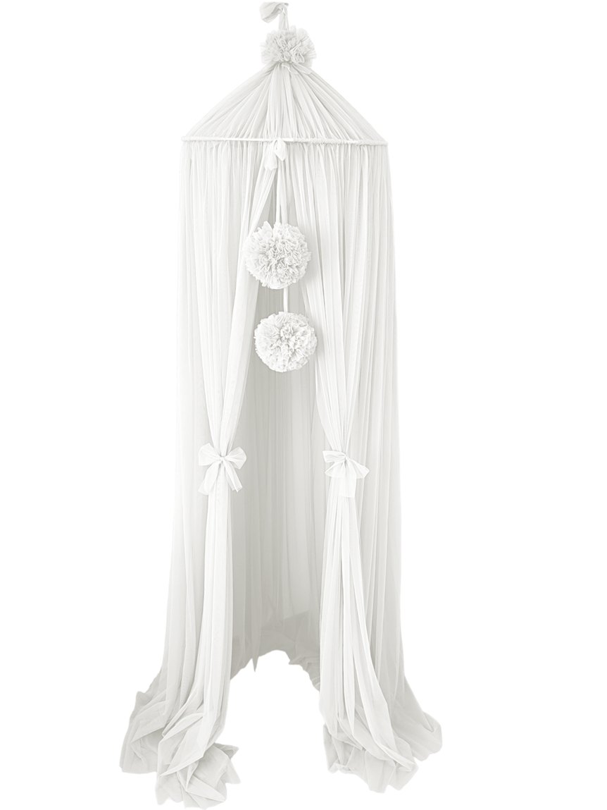 Tulle Canopy with Pompoms – Ceiling Mounted – Cream White