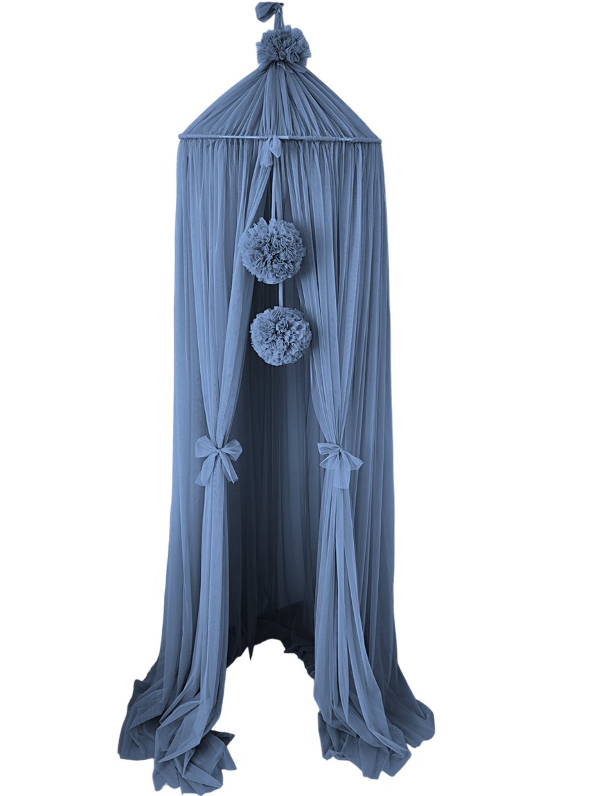 Tulle Canopy with Pompoms – Ceiling Mounted – Denim Blue