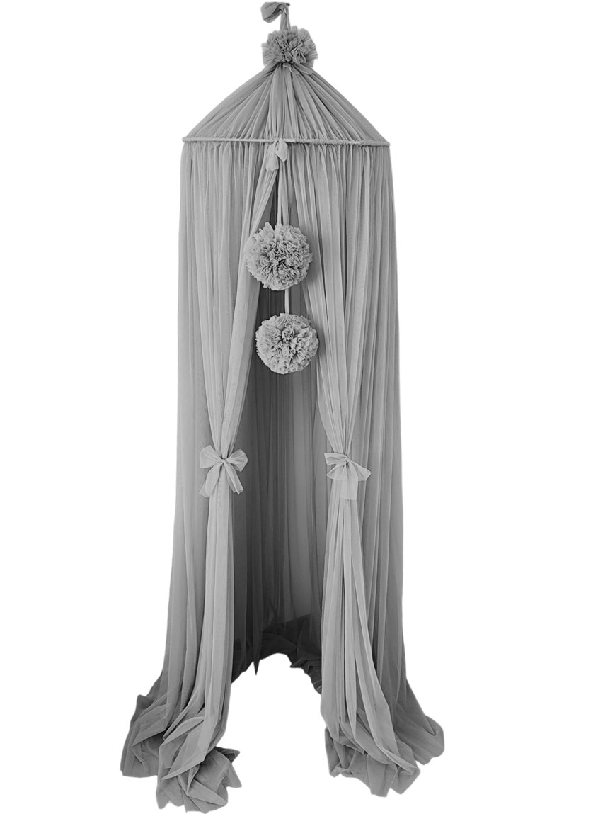 Tulle Canopy with Pompoms – Ceiling Mounted – Steel Grey