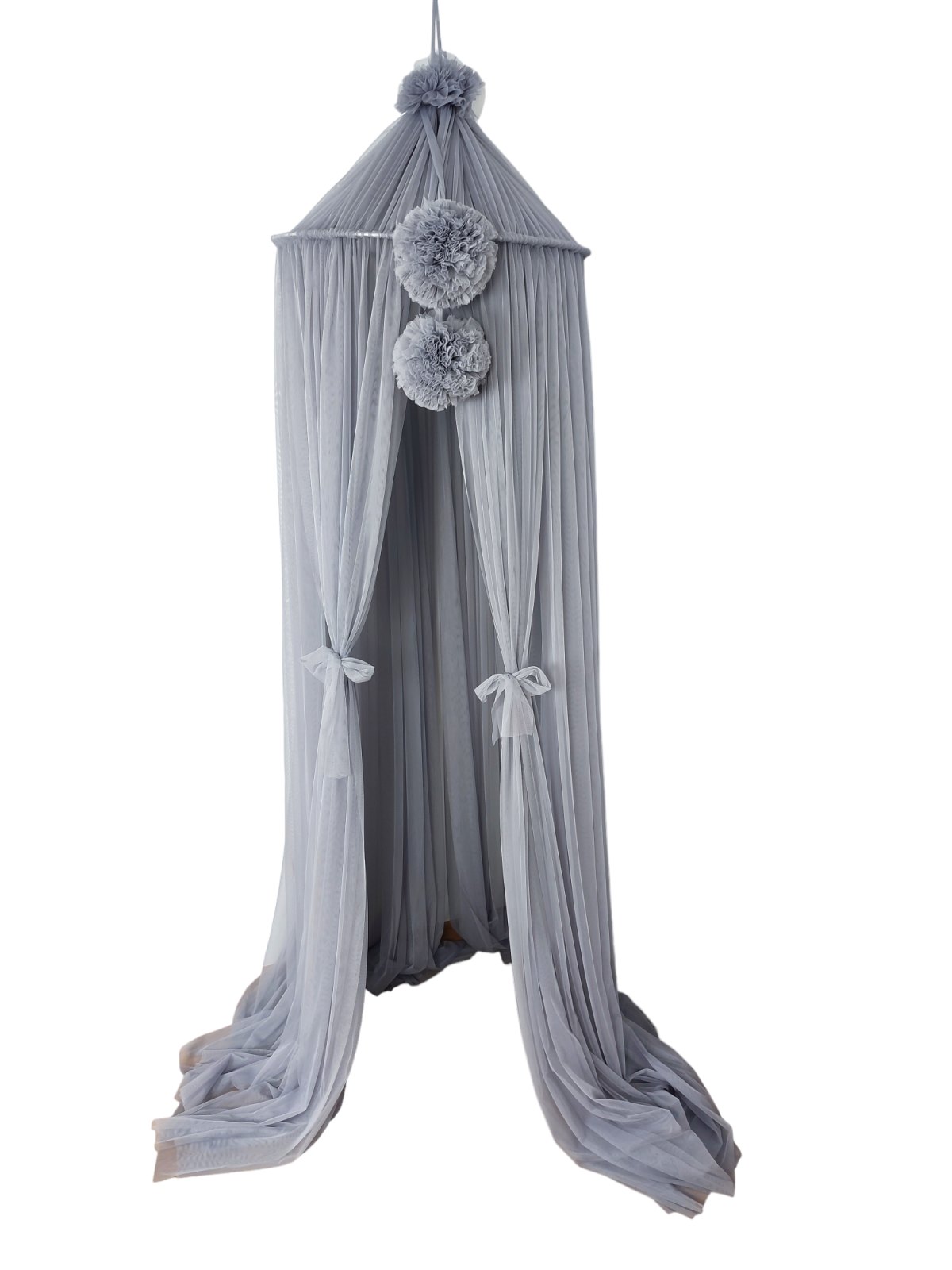 Tulle Canopy with Pompoms – Ceiling Mounted – Dove Blue