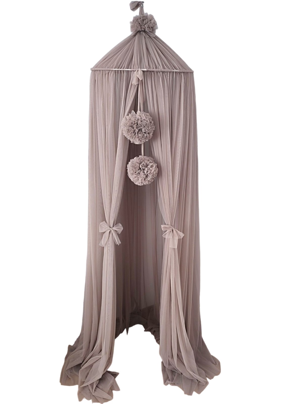 Tulle Canopy with Pompoms – Ceiling Mounted – Taupe