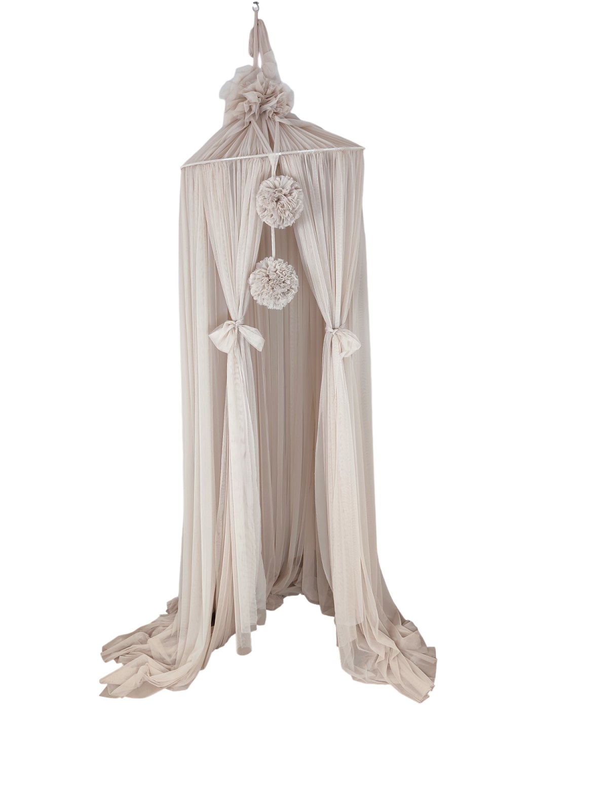Tulle Canopy with Pompoms – Ceiling Mounted – Warm Beige