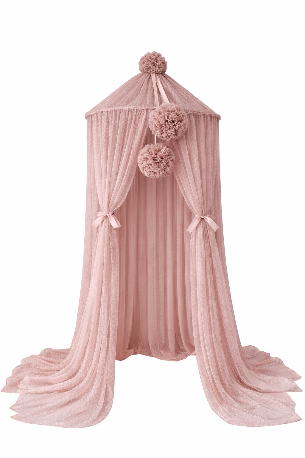 Wave Tulle Canopy with Pompoms – Ceiling Mounted – Dusty Pink Wave Tulle Canopy with Pompoms – Ceiling Mounted – Dusty Pink