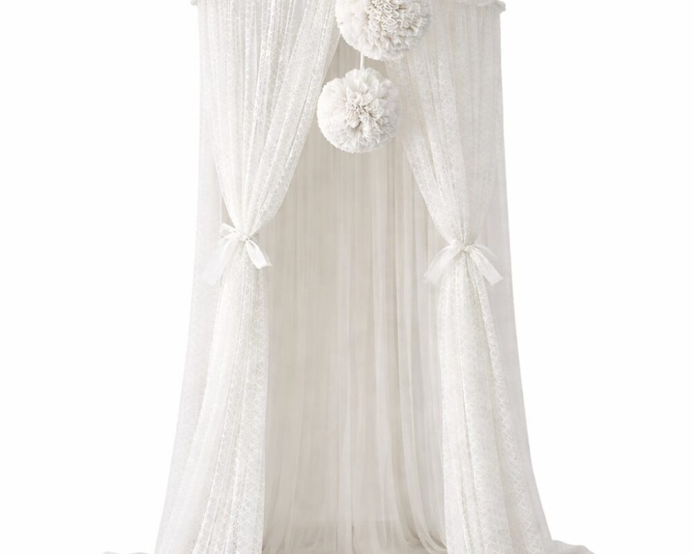 Wave Tulle Canopy with Pompoms – Ceiling Mounted – Ecru