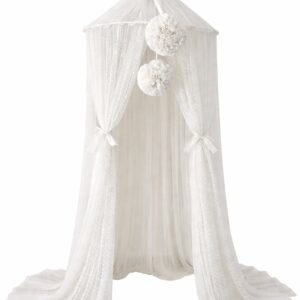 Wave Tulle Canopy with Pompoms – Ceiling Mounted