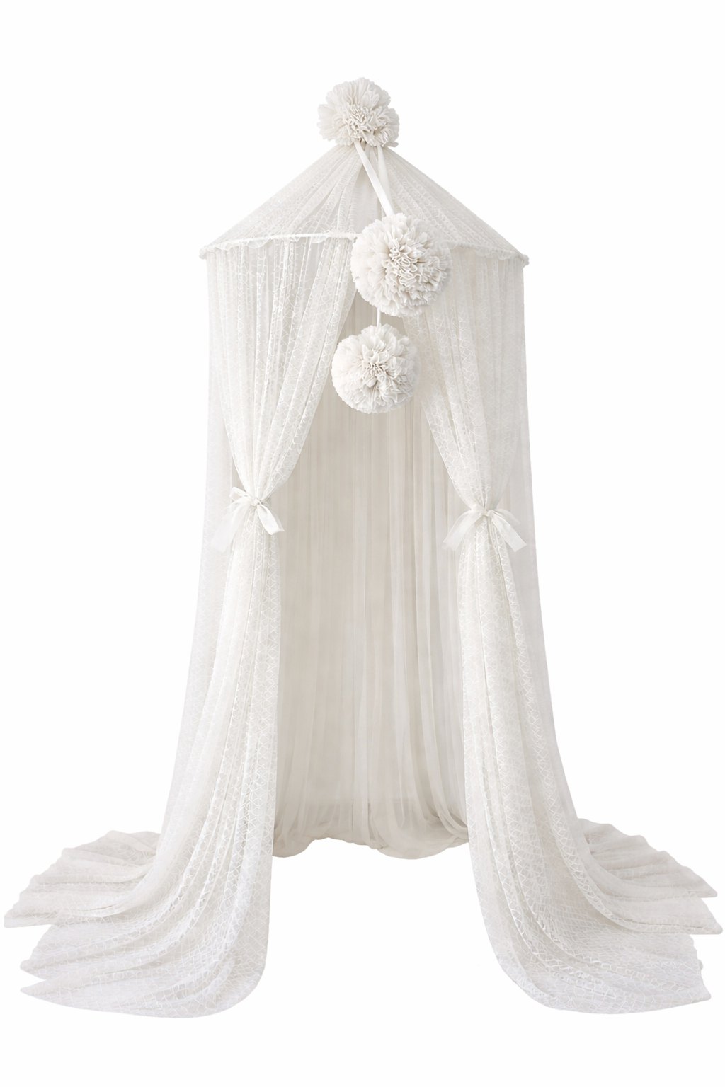 Wave Tulle Canopy with Pompoms – Ceiling Mounted – Ecru Wave Tulle Canopy with Pompoms – Ceiling Mounted – Ecru