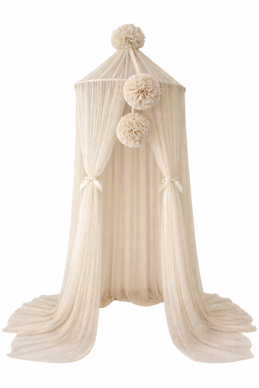 Wave Tulle Canopy with Pompoms – Ceiling Mounted – Warm Beige Wave Tulle Canopy with Pompoms – Ceiling Mounted – Warm Beige