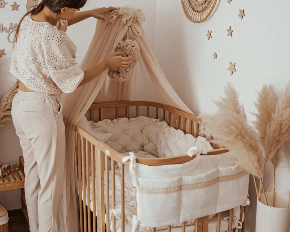 Tulle Bed Canopy with Pompoms and Frame
