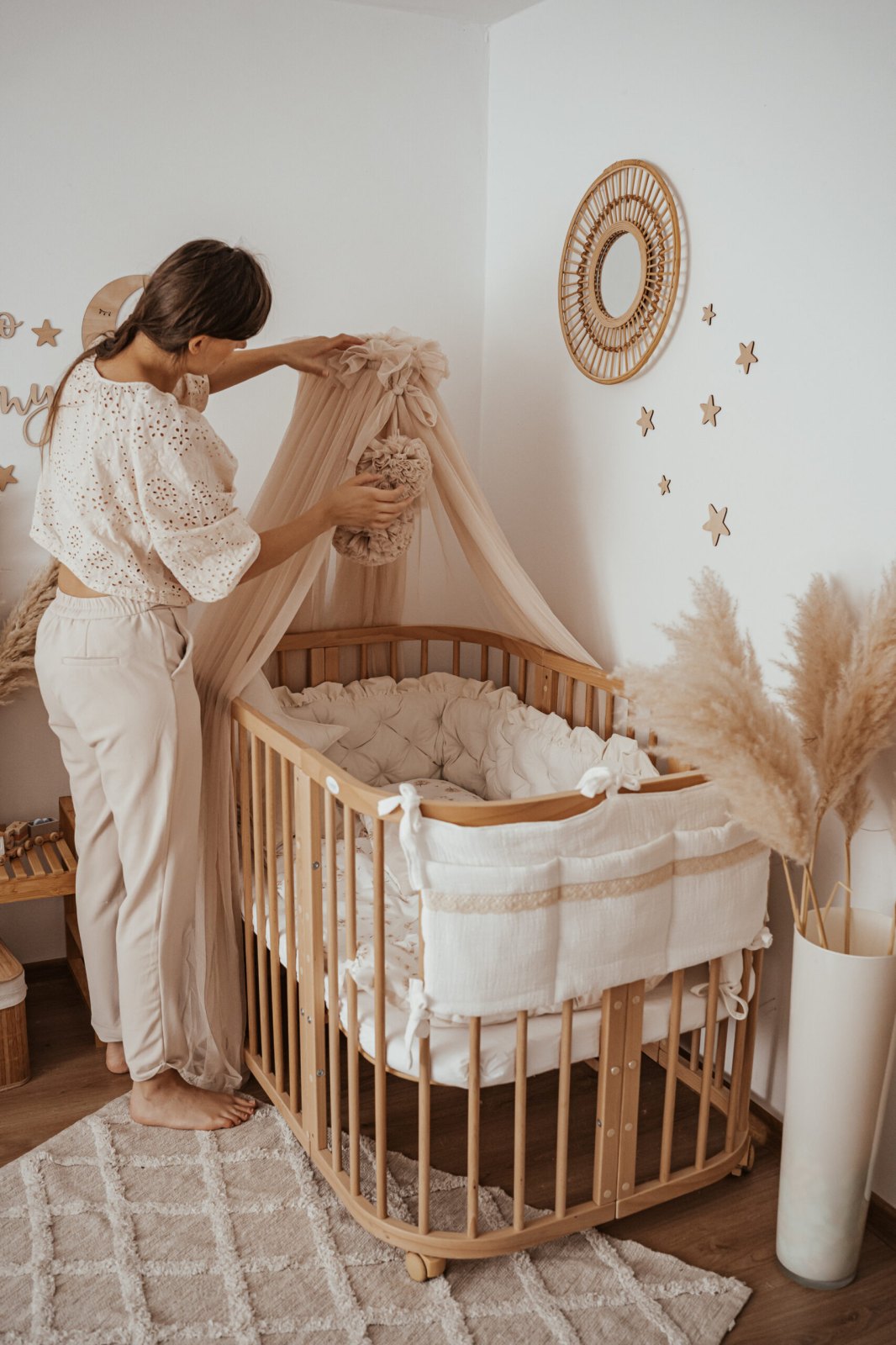Tulle Bed Canopy with Pompoms and Frame