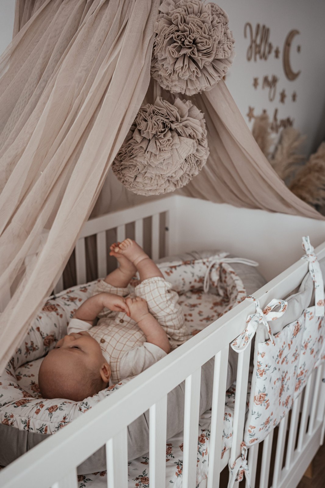 Tulle Bed Canopy with Pompoms and Frame
