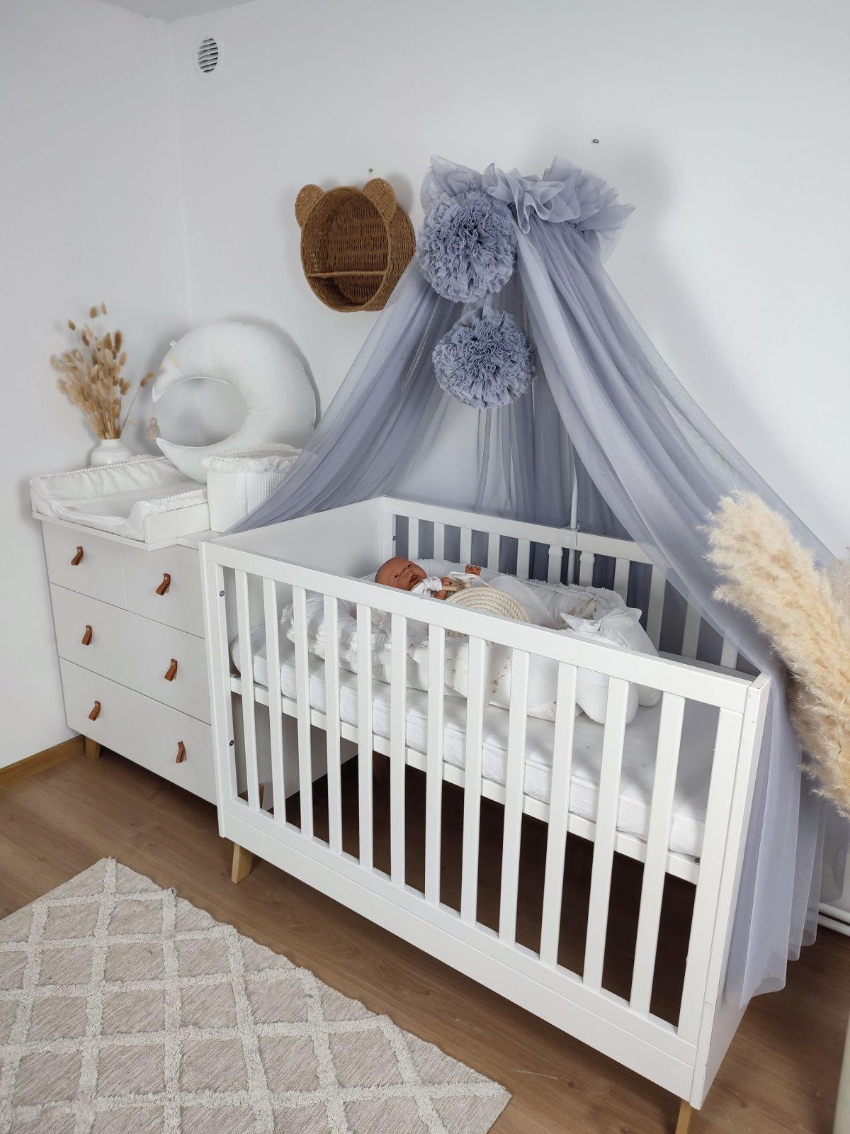 Tulle Bed Canopy with Pompoms and Frame