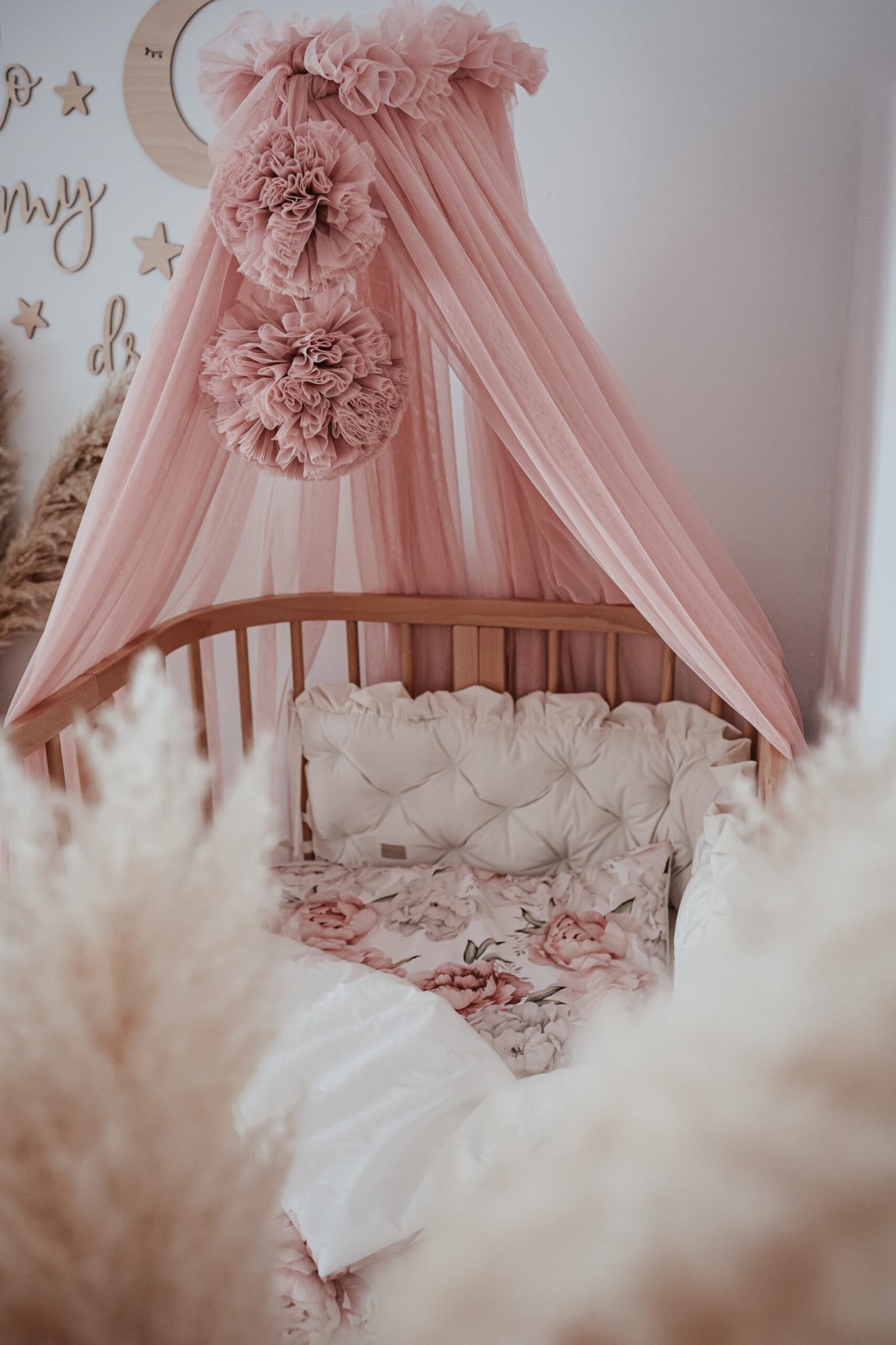 Tulle Bed Canopy with Pompoms and Frame