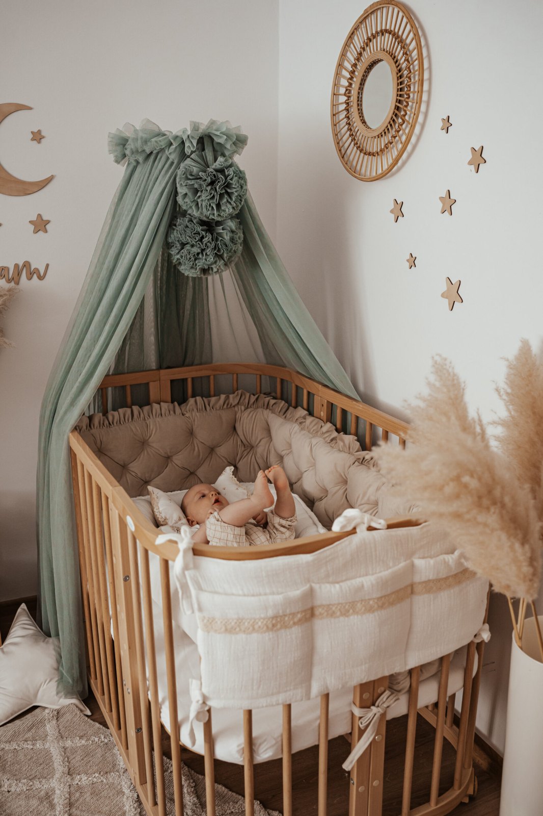 Tulle Bed Canopy with Pompoms and Frame