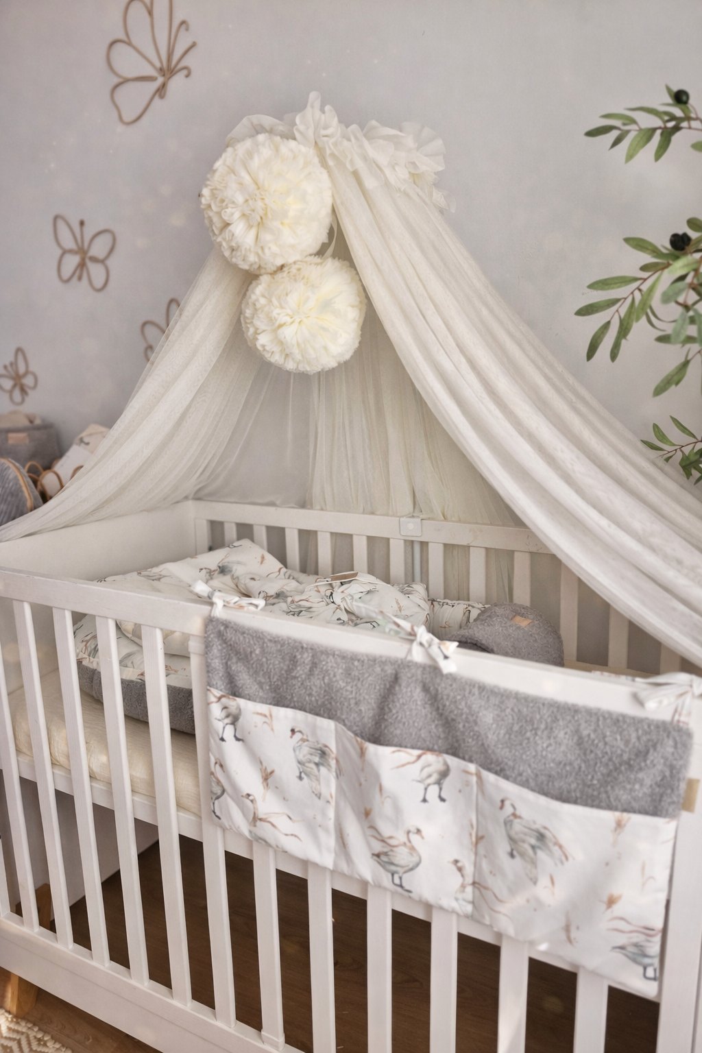 Tulle Bed Canopy with Pompoms and Frame