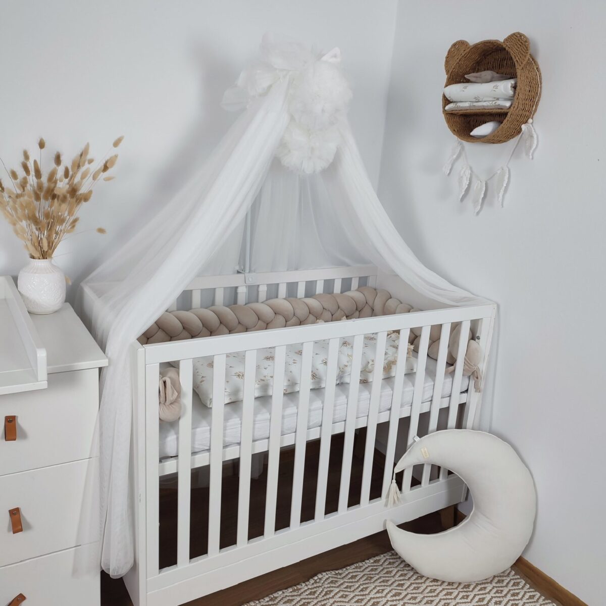 Tulle Bed Canopy with Pompoms and Frame
