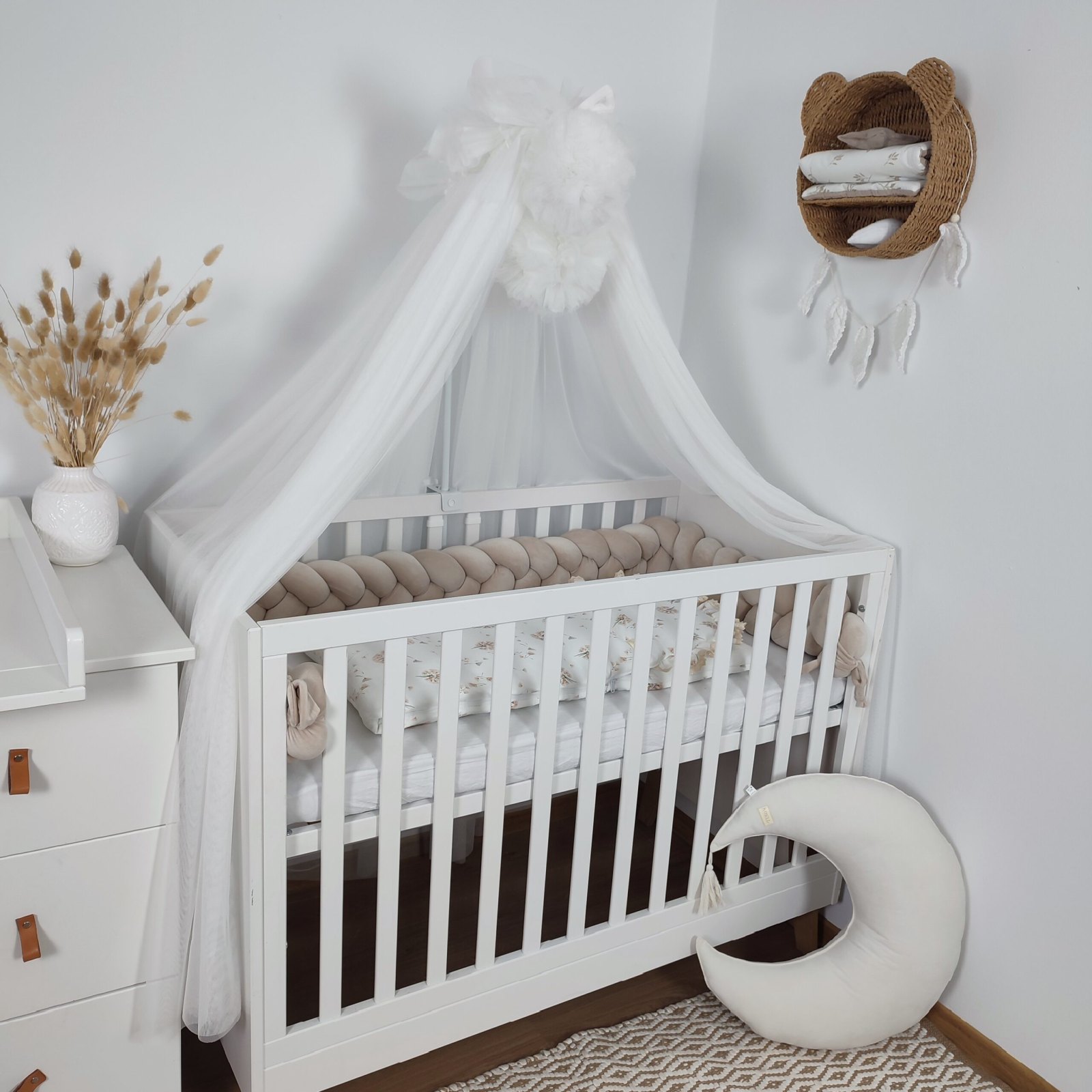 Tulle Bed Canopy with Pompoms and Frame