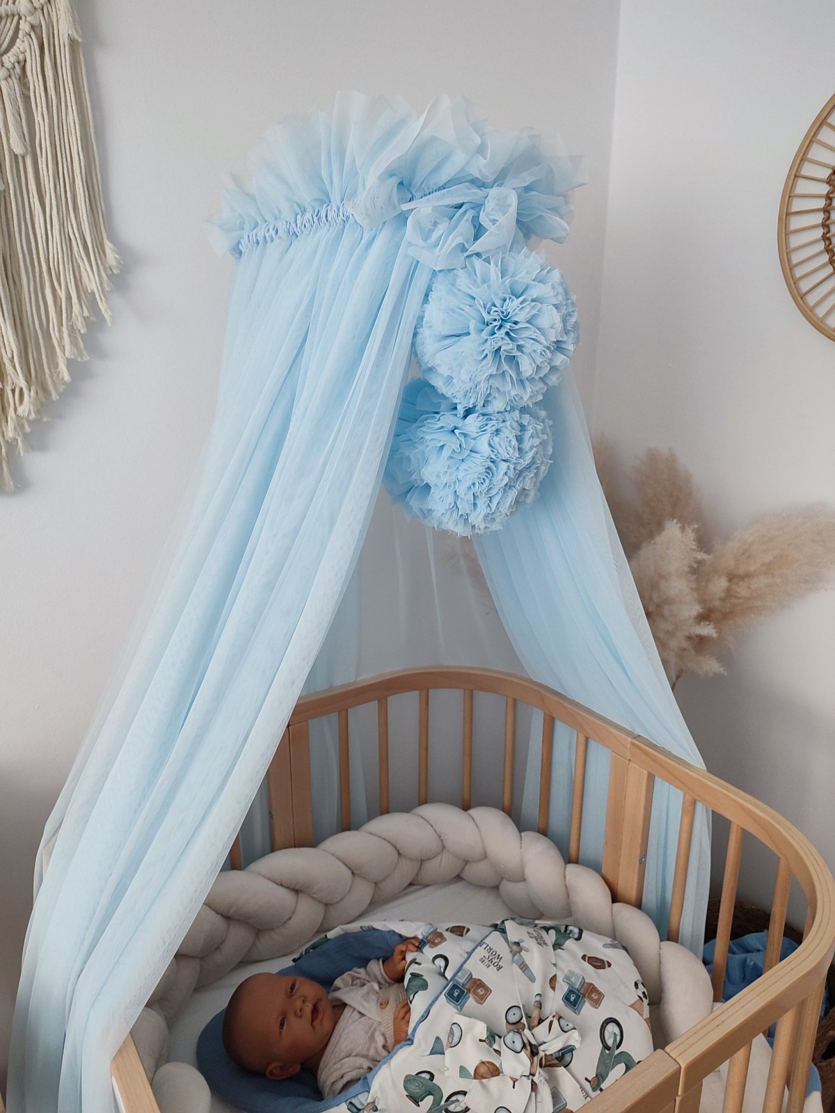 Tulle Bed Canopy with Pompoms and Frame