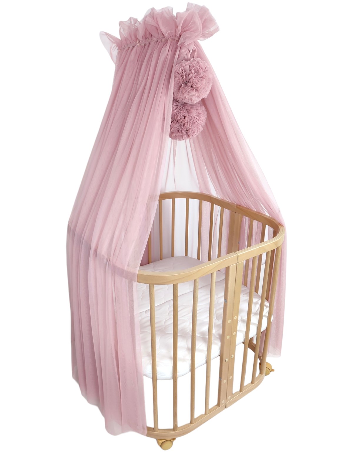 Tulle Bed Canopy with Pompoms and Frame – Dusty Pink