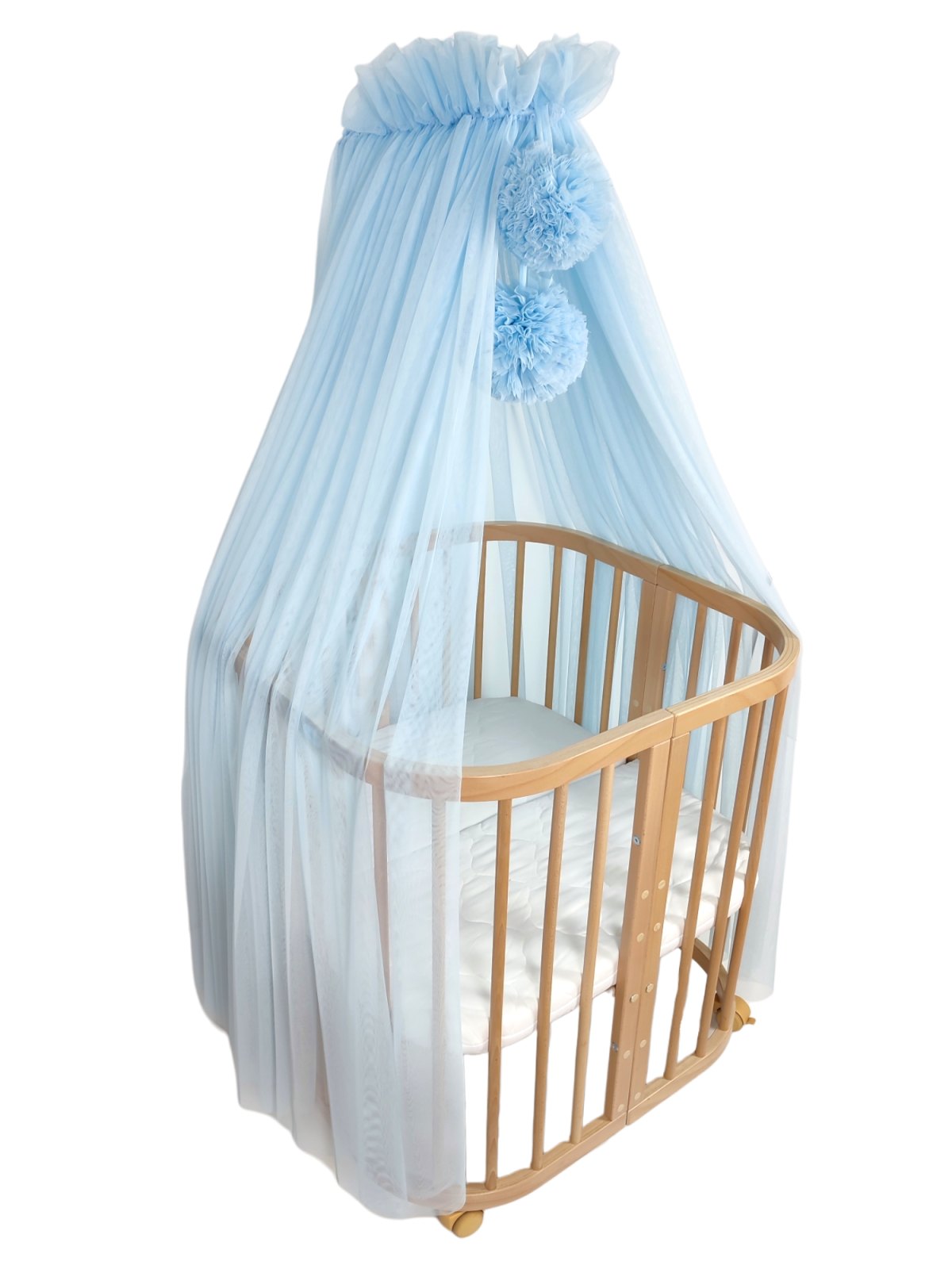 Tulle Bed Canopy with Pompoms and Frame – Baby Blue