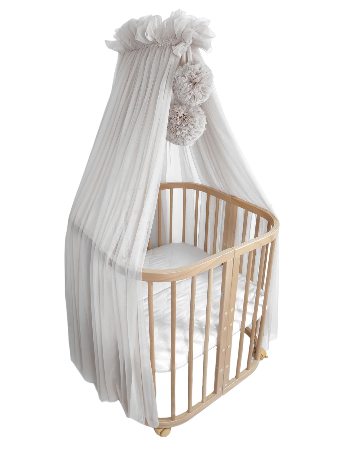 Tulle Bed Canopy with Pompoms and Frame – Beige