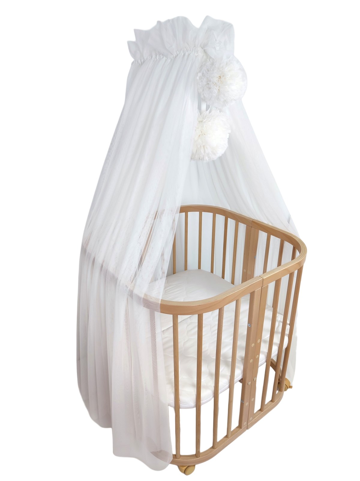 Tulle Bed Canopy with Pompoms and Frame – Cream White