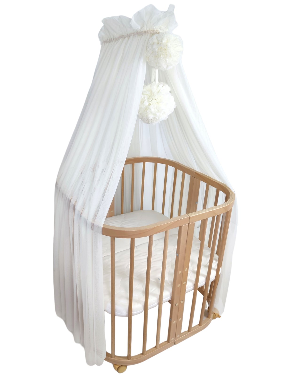 Tulle Bed Canopy with Pompoms and Frame – Ecru
