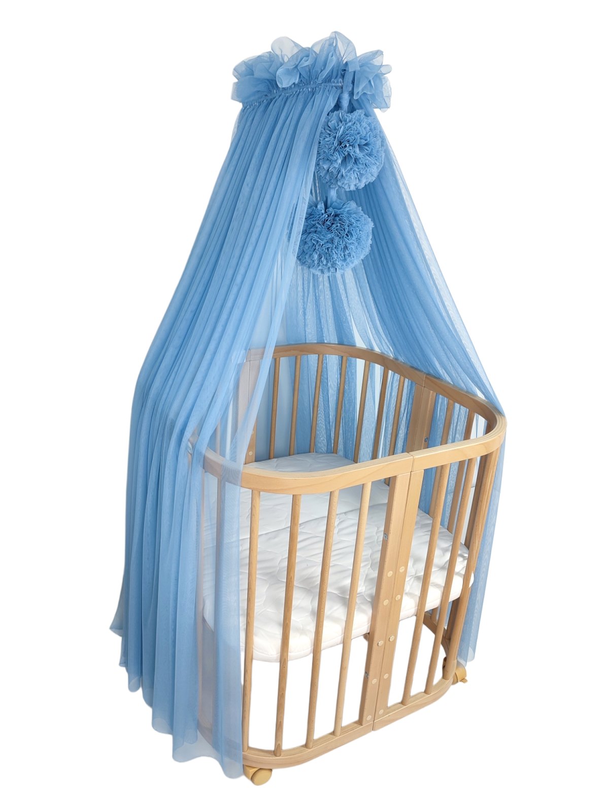 Tulle Bed Canopy with Pompoms and Frame – Denim Blue