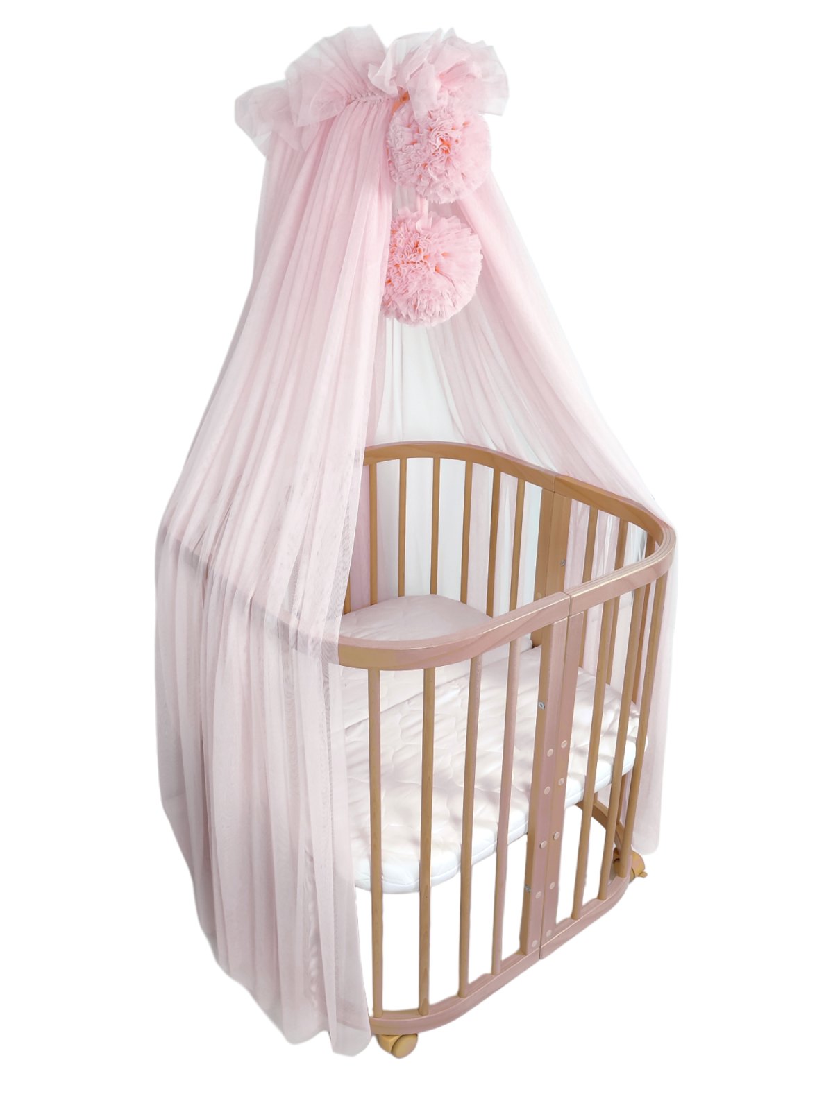 Tulle Bed Canopy with Pompoms and Frame – Powder Pink