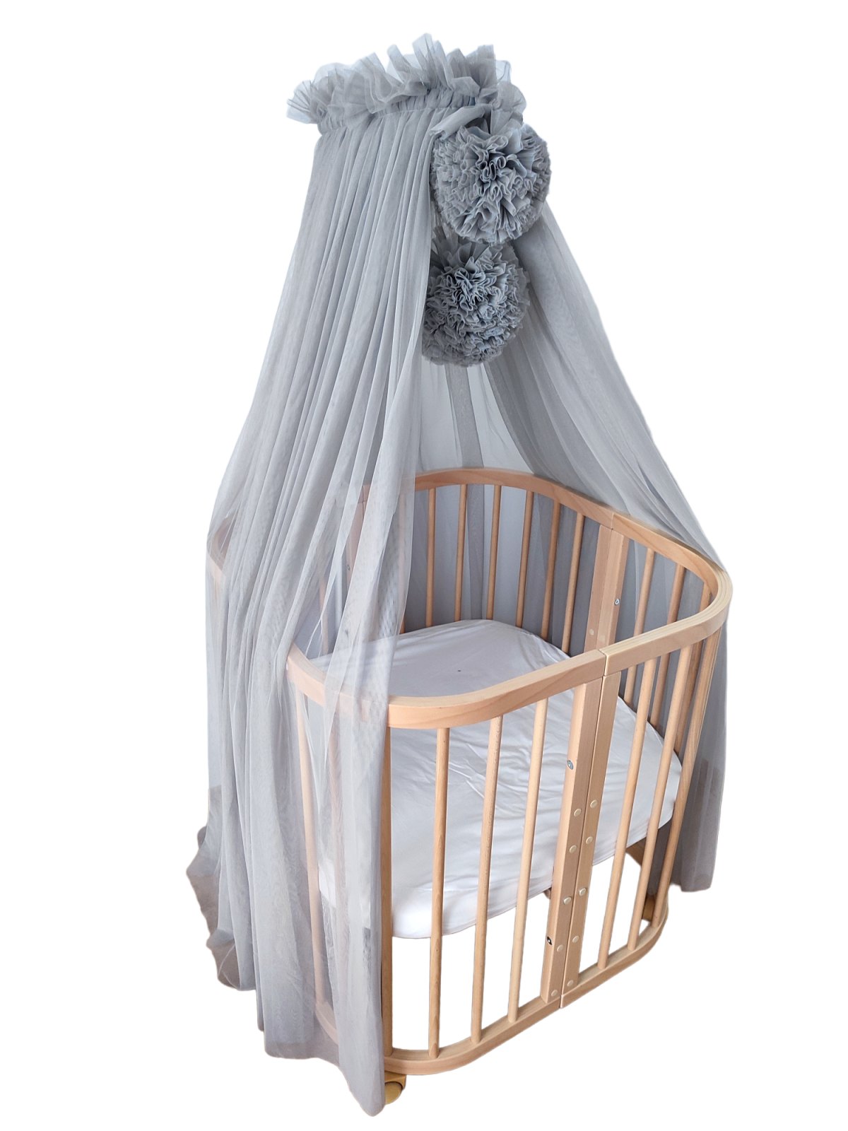 Tulle Bed Canopy with Pompoms and Frame – Steel Grey