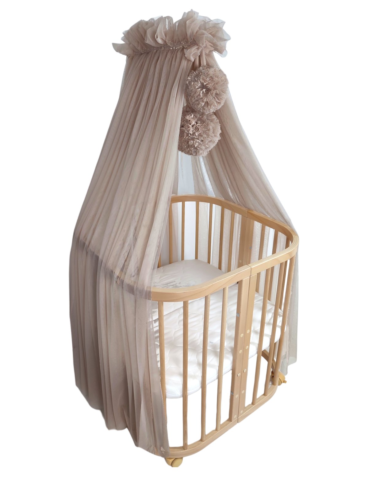 Tulle Bed Canopy with Pompoms and Frame – Taupe