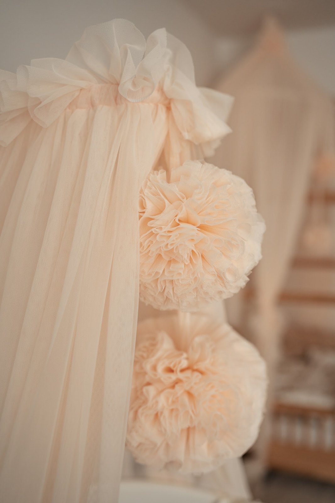 Tulle Bed Canopy with Pompoms and Frame – Tea Rose