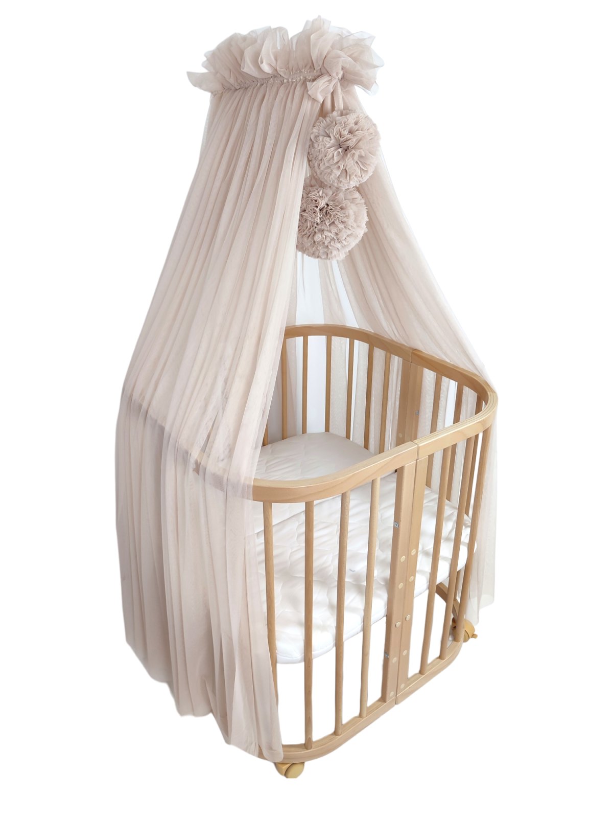Tulle Bed Canopy with Pompoms and Frame – Warm Beige