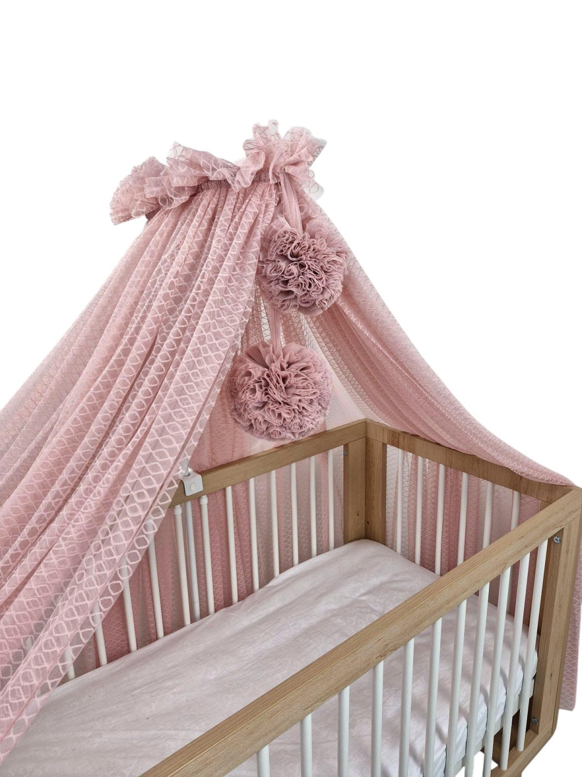 Wave Tulle Bed Canopy with Pompoms and Frame – Dusty Pink