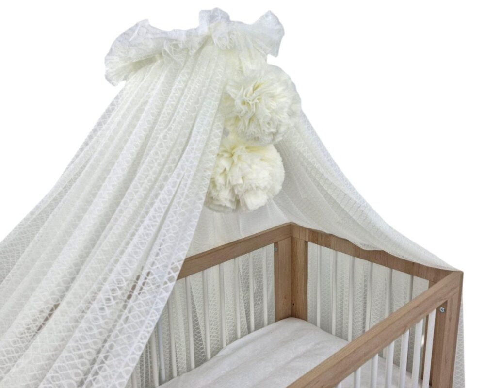Wave Tulle Bed Canopy with Pompoms and Frame – Ecru