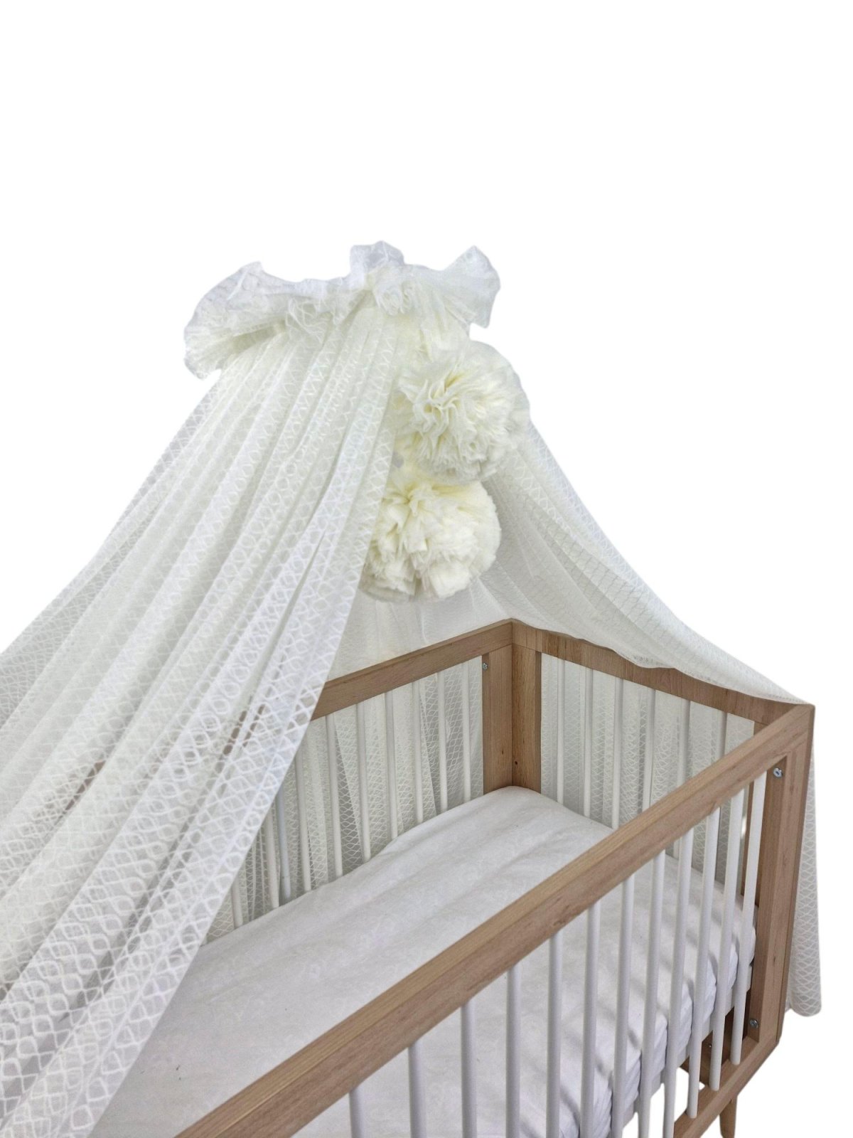 Wave Tulle Bed Canopy with Pompoms and Frame – Ecru