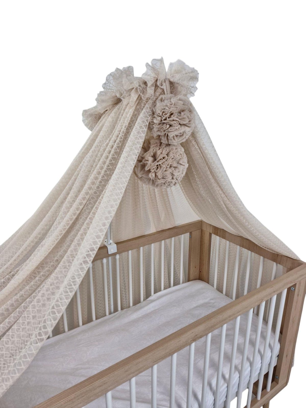 Wave Tulle Bed Canopy with Pompoms and Frame – Warm Beige