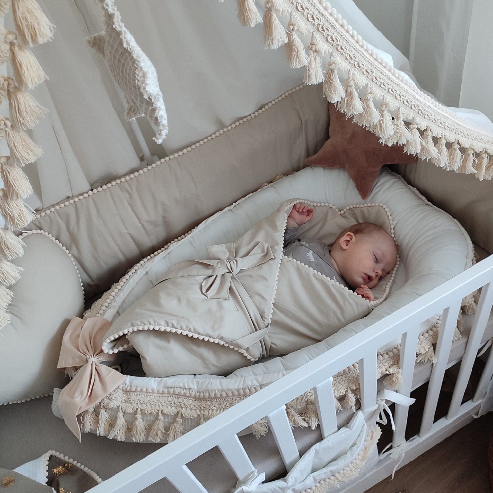 Boho Cot Bumper with Pompoms