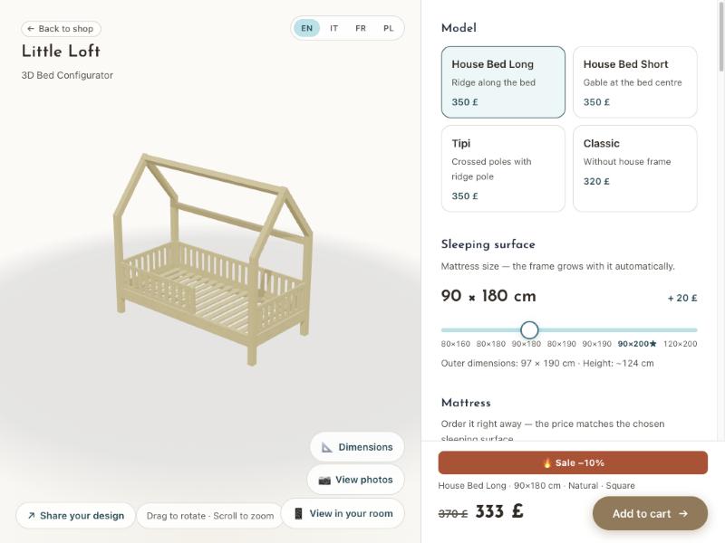 3D bed configurator by Little Loft with a house bed