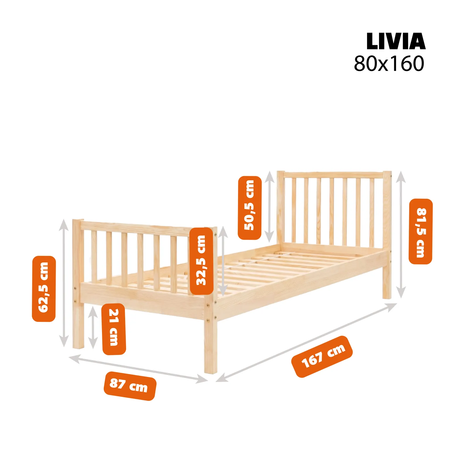 ELLA Children’s Bed in pine wood, dimensions 80 × 160