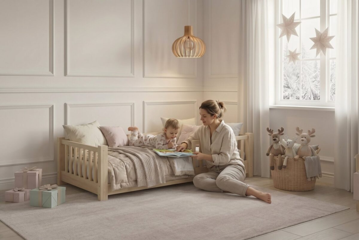 ANELLA Mini Children’s Bed – story time together ANELLA Mini Children’s Bed with parent and child