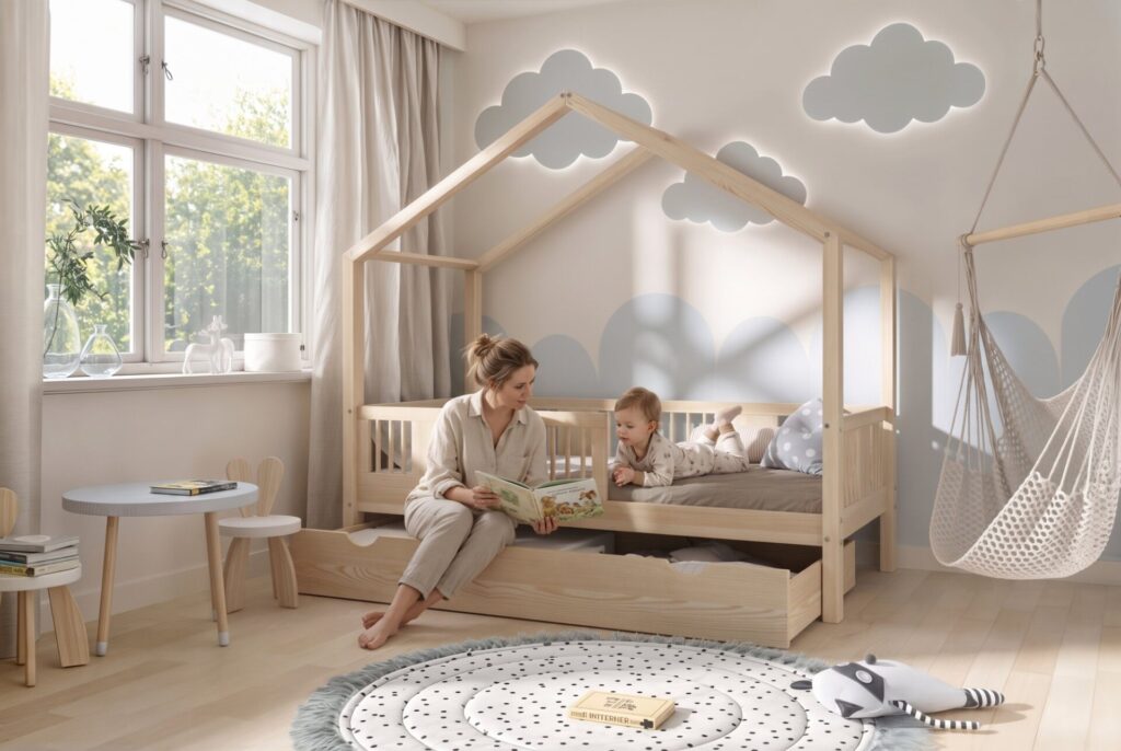 ASTRIA Children’s Bed with Drawer with parent and child