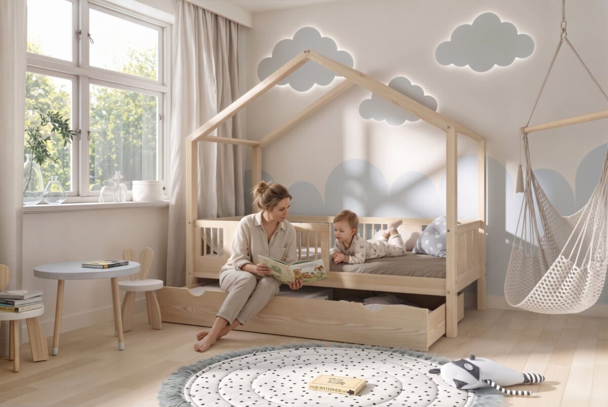 ASTRIA Children’s Bed with Drawer – story time together ASTRIA Children’s Bed with Drawer with parent and child