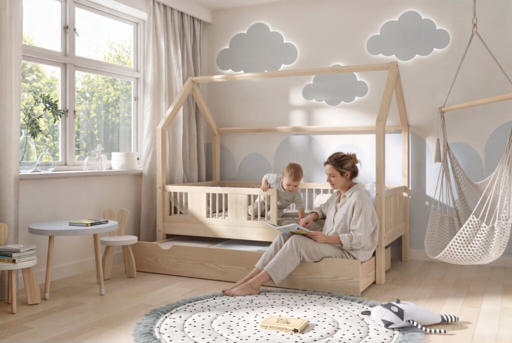 LUMINA Children’s Bed with Drawer with parent and child