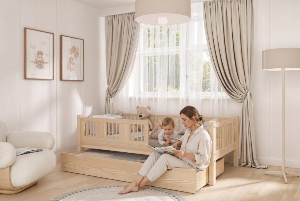 LUNA Children’s Bed with Drawer with parent and child