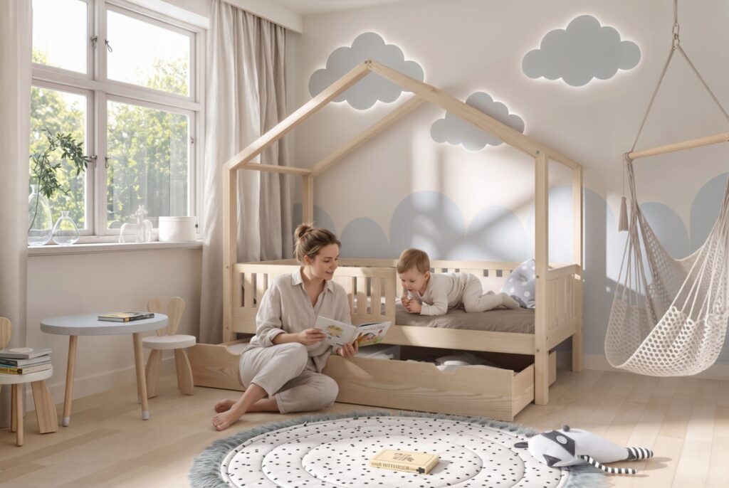 LUNETTA Children’s Bed with Drawer with parent and child