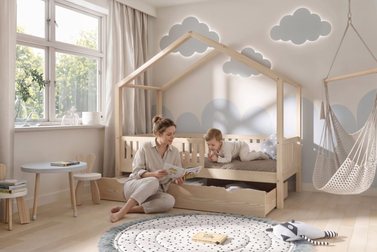 LUNETTA Children’s Bed with Drawer – story time together LUNETTA Children’s Bed with Drawer with parent and child