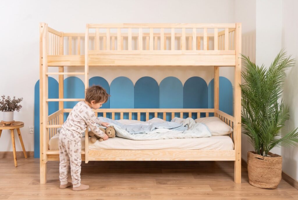 KOSMO Bunk Bed in pine wood in a children's room